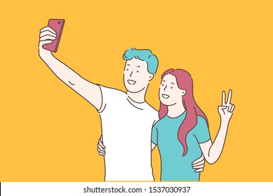 Youth lifestyle, blogging and teenage social activity concept. Couple taking selfie together, teenager making self portrait, happy boyfriend and girlfriend spending time together. Simple flat vector