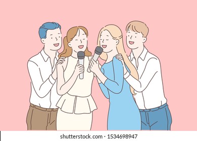 Youth lifestyle, entertainment and holiday celebration party, friendship concept. Happy friends, couples spending time together, girls and guys singing karaoke, have fun. Simple flat vector
