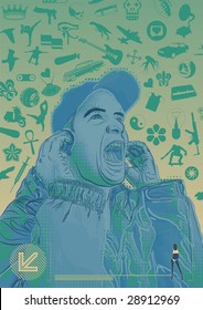 Youth listening to headphones surrounded by topical icons representing issues teenagers face, such as drug abuse.