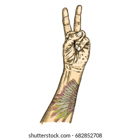 Youth male gothic man hand manifesting Millennials new generation gestures. Youth  fist wrist freedom victory sign with bird angel wing flash tattoo. Vector.