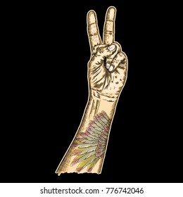 Youth male gothic man hand manifesting Millennials new generation gestures. Youth  fist wrist freedom victory sign with bird angel wing flash tattoo. Vector.