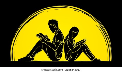 Youth Man and Woman Reading Books Together Cartoon Graphic Vector
