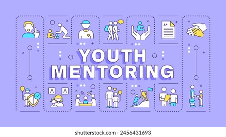 Youth mentoring purple word concept. Skill development, holistic growth. Self assurance. Typography banner. Vector illustration with title text, editable icons color