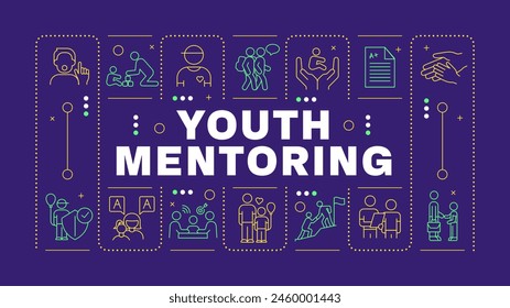 Youth mentoring purple word concept. Skill development, holistic growth. Self assurance. Horizontal vector image. Headline text surrounded by editable outline icons. Hubot Sans font used