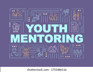 Youth mentoring word concepts banner. Life coaching, support programs for young people. Infographics with linear icons on purple background. Isolated typography. Vector outline RGB color illustration