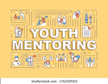 Youth Mentoring Word Concepts Banner. Adult Care For Children. Teacher Help Student. Infographics With Linear Icons On Orange Background. Isolated Typography. Vector Outline RGB Color Illustration