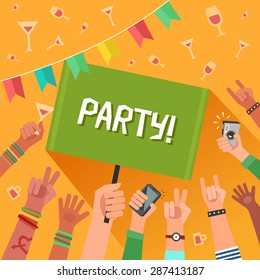 Youth party concept. A lot of hands of young people with a placard for text. Colorful vector illustration in flat style