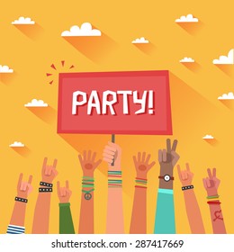 Youth party concept. A lot of hands of young people with a placard for text on summer sky backgrounds. Colorful vector illustration in flat style