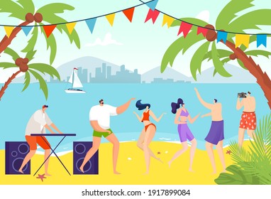 Youth party, people dancing on beach, cheerful young people, cool holiday, modern dance, design cartoon style vector illustration. fun outdoors, men and women, active fresh music, interesting leisure.
