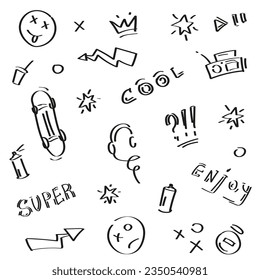 Youth pattern with inscriptions, objects, signs. Vector.