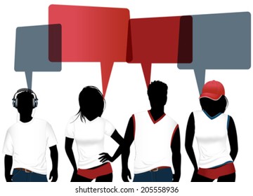 Youth people with colorful dialog speech bubbles. 