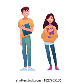 Youth period high school students isolated teenager boy and girl. Vector college juniours, young male and female cartoon style characters. Happy classmates, highschool teenage pupils, friends