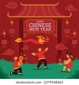 Youth person performing dragon dance on chinese new year.