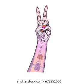 Youth pink gothic emo witch craft girl hand manifesting Millennials new generation gestures. Young women fist wrist freedom victory sign with beetle insect wings and lily flower flash tattoo. Vector.