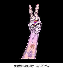 Youth pink gothic emo witch craft girl hand manifesting Millennials new generation gestures. Young women fist wrist freedom victory sign with beetle insect wings and lily flower flash tattoo. Vector.