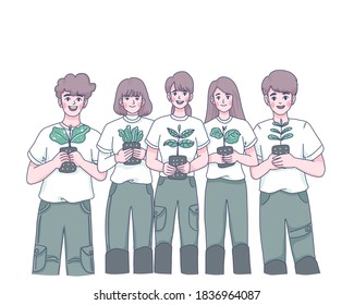 Youth with plants concept design of vector. Cartoon illustration style.