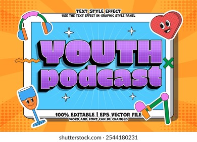Jovens Podcast Efeito de texto 3d editável estilo de desenho animado