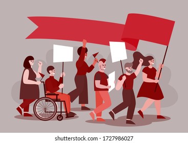 Youth protest or picket against anything. Crowd of young people strikes with campaign banners. Vector illustration in modern flat style. Blank places for your text on flag and posters