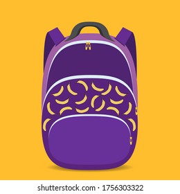 Youth purple backpack with a pattern of bananas. Back to school. School backpack design