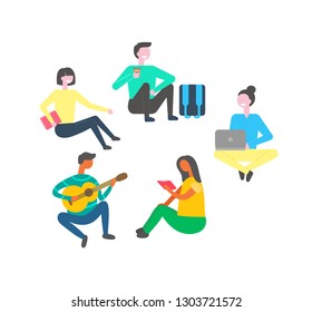 Youth reading vector, working on computer and playing guitar. Freelance worker, person sitting with rucksack, lady with book, and female holding laptop