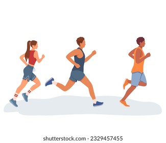 Youth running outside. Doing cardio exercises together. Concept of healthy and active lifestyle. Running competition. Time to lose weight. Vector flat illustration