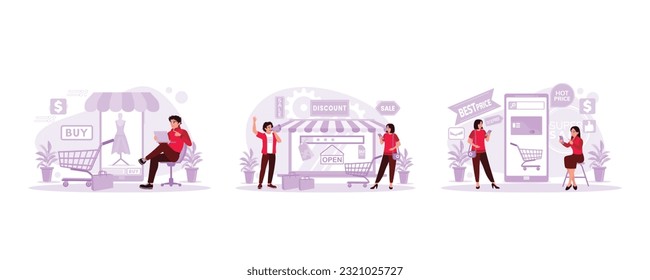 The youth sat back and opened the marketplace. Male salesperson doing promotion. Two women open an omni-channel business app. Trend Modern vector flat illustration.