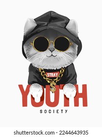 youth society slogan with cool cat in black hoodie and gold necklace vector illustration