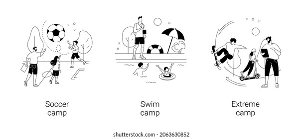 Youth Sport Program Abstract Concept Vector Illustration Set. Soccer And Swim Camp, Extreme Sports For Teens, Outdoor Class, Physical Activity, Summer Vacation, Teamwork Training Abstract Metaphor.