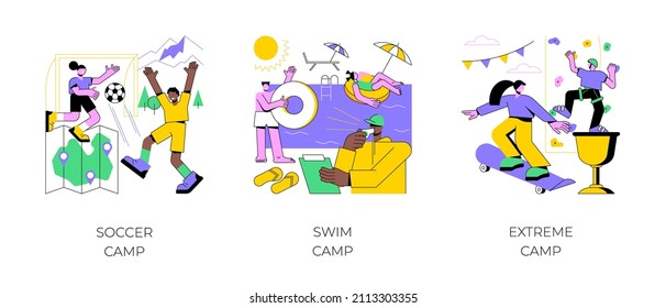 Youth Sport Program Abstract Concept Vector Illustration Set. Soccer And Swim Camp, Extreme Sports For Teens, Outdoor Class, Physical Activity, Summer Vacation, Teamwork Training Abstract Metaphor.