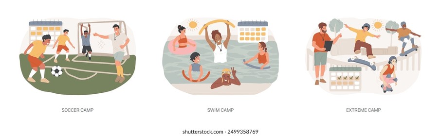 Youth sport program isolated concept vector illustration set. Soccer and swim camp, extreme sports for teens, outdoor class, physical activity, summer vacation, teamwork training vector concept.