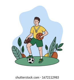 Youth sports concept. Adorable boy cartoon character doing different sport: football, rugby, basketball. Young teenager winner with medal. Flat modern style. Stock vector illustration isolated 