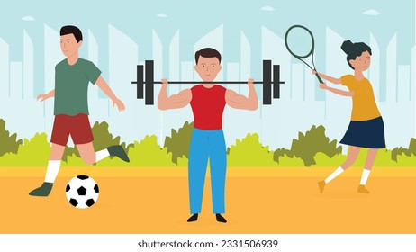 Youth in Sports Illustration with a Group of Men and Women Playing Sports and Lifting Weights