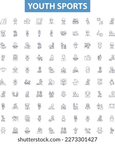 Youth sports line icons, signs set. Youth, Sports, Soccer, Basketball, Football, Baseball, Hockey, Lacrosse, Track outline vector illustrations.