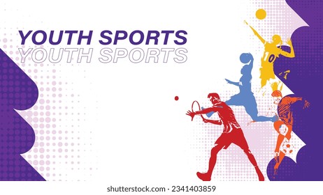 The youth sports vector background illustration. Depict a vibrant and energetic sports setting. Use bright colors to evoke a sense of excitement and enthusiasm.