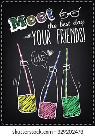 Youth style poster Meet friends with bottles of soda