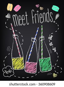 Youth style poster Meet friends with bottles of soda and macaroon