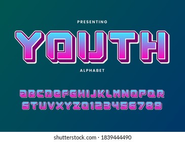efecto de fuente de degradado vibrante de estilo juvenil. Tipo de alfabeto personalizado.