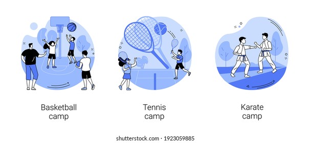 Youth summer holiday abstract concept vector illustration set. Basketball and tennis summer camps, karate vacation program, martial arts, physical activity, sport academy, training abstract metaphor.