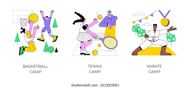 Juego de ilustraciones vectoriales abstractas del verano juvenil. Campos de baloncesto y tenis de verano, programa de vacaciones de karate, artes marciales, actividad física, academia deportiva, formación metáfora abstracta.