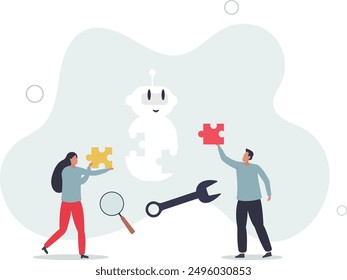 Youth in tech and teenagers work with robots coding. Programming artificial intelligence device with software and electronic engineering.flat design.illustration with people.