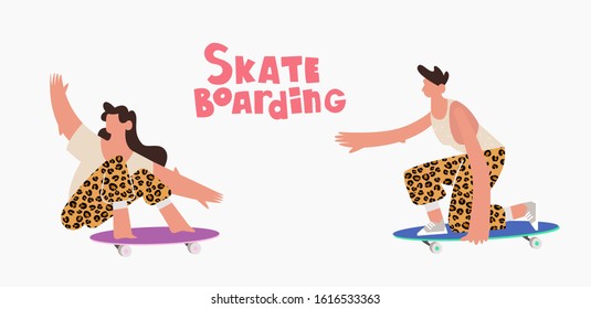 Youth teenage boy and girl skateboarders riding skateboard. Young man, woman wearing leopard clothes. Сartoon characters isolated on white background. Modern flat hand draw vector illustration