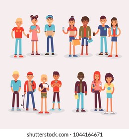 Youth teens group vector grouped teenagers and friends characters of girls or boys together illustration young student community friendship set of youthful people isolated on white background