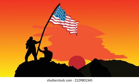 youth theme vector image carrying the american flag on the mountain 