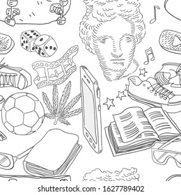 Youth Time Seamless Vector Doodles Pattern. Education college theme seamless background.