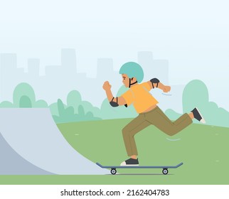 Youth Urban Culture and Children Activity on Street, Skateboarding Extreme Sport, Preteen Boy in Skate Park or Rollerdrome Perform Skateboard Stunts on Quarter Pipe Ramp. Cartoon Vector Illustration