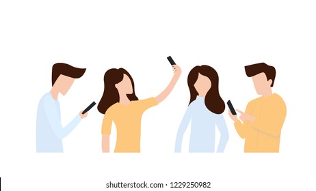 Youth using modern smartphones flat poster. Cartoon men chatting on mobile phone and women taking selfie on cellphone vector illustration. Internet communication concept. Isolated on white