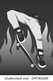 Youth vector graphics illustration for a postcard, cover or a poster. Jumping skater on the background of white fire.