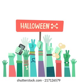 Youth zombies crowd manifesting with banner. A lot of hands of young people with different gestures. Vector illustration in flat style