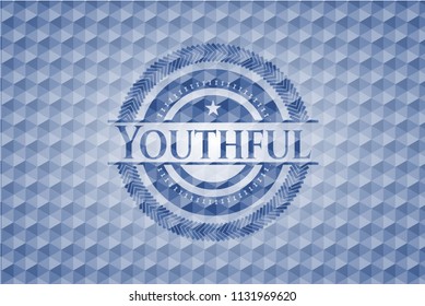 Youthful blue badge with geometric pattern.
