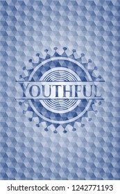 Youthful blue emblem with geometric background.